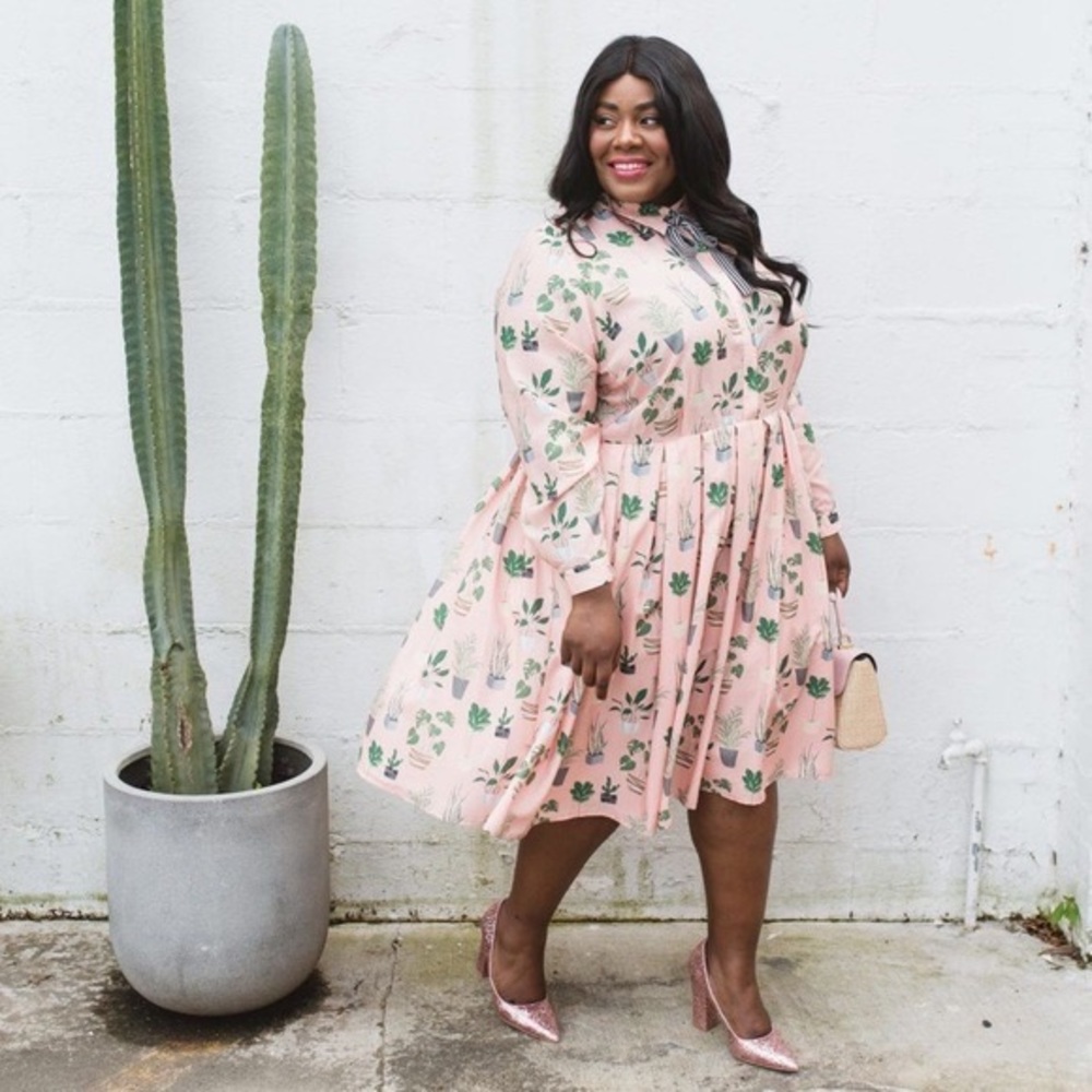 Eloquii Pink Floral Long Sleeve Fit-and-Flare Dress